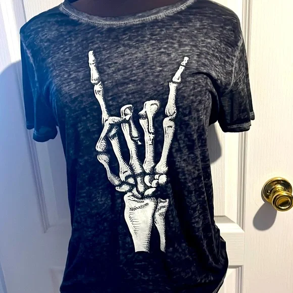 Grey Rock and Roll Skeleton Hand shirt - Picture 1 of 4